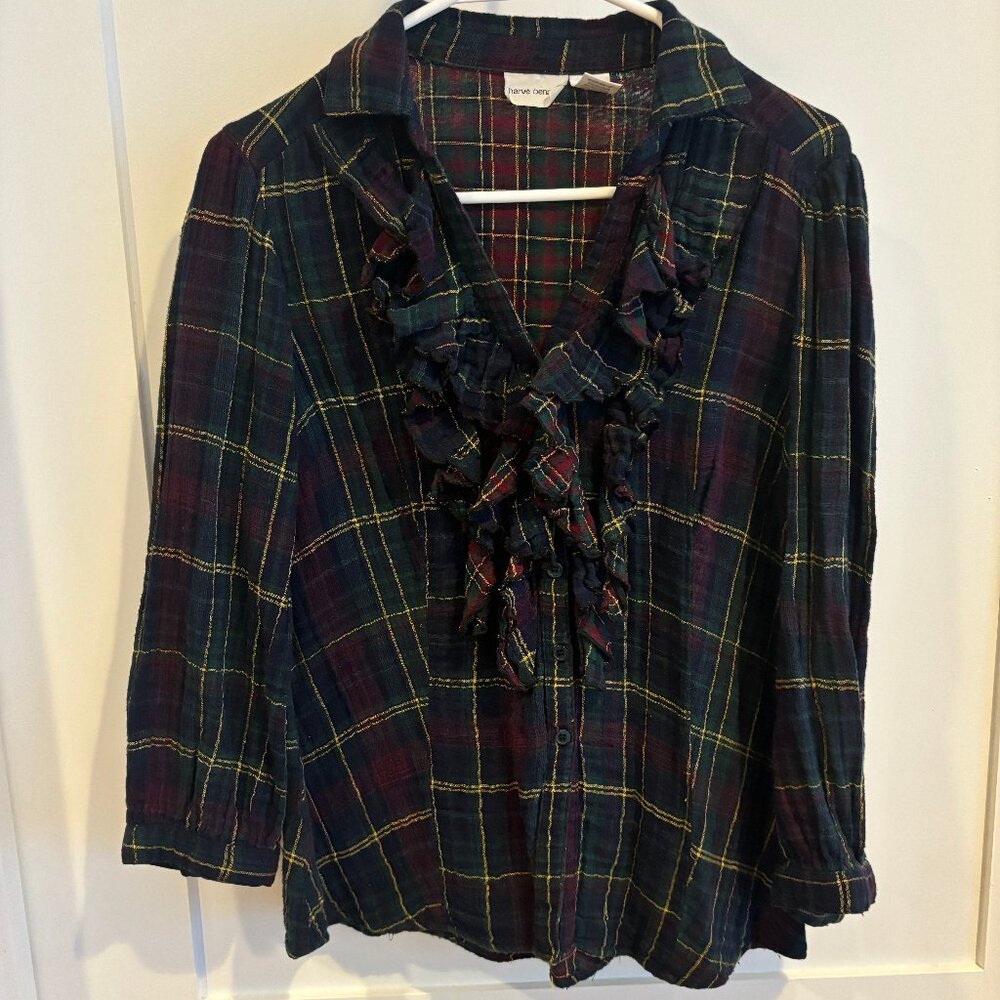 Harvé Bernard Plaid Ruffle Button Down Long Sleeve Blouse